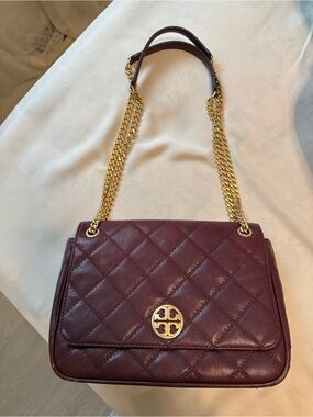 Tory Burch Quilted Leather Shoulder Bag in Deep Wine with Gold Chain
